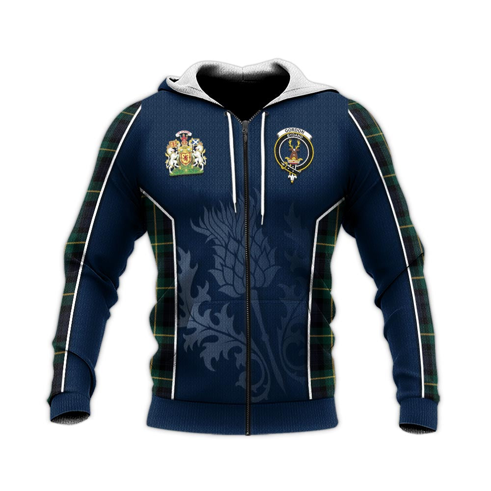 Tartan Vibes Clothing Gordon Old Tartan Knitted Hoodie with Family Crest and Scottish Thistle Vibes Sport Style