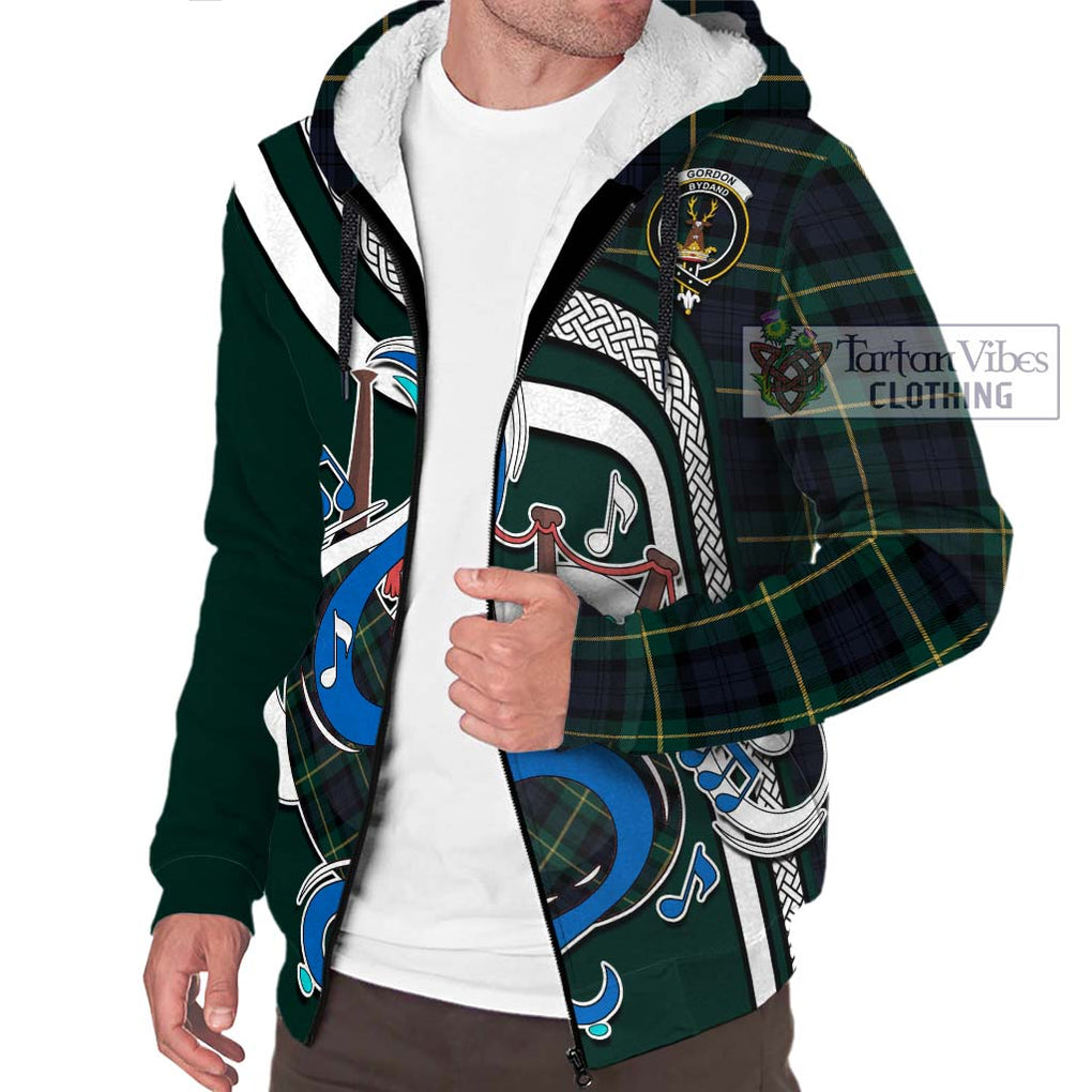 Gordon Old Tartan Sherpa Hoodie with Epic Bagpipe Style Unisex - Tartanvibesclothing Shop