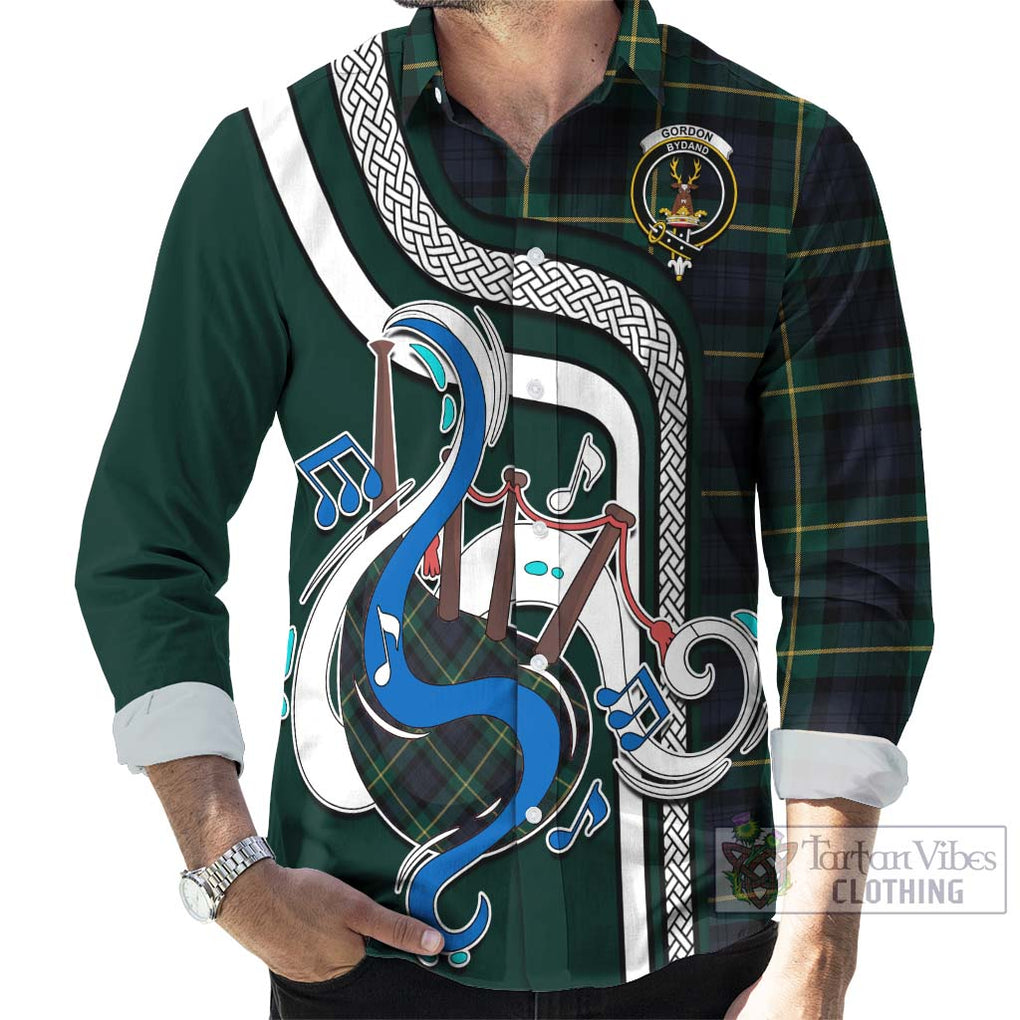 Gordon Old Tartan Long Sleeve Button Shirt with Epic Bagpipe Style - Tartanvibesclothing Shop