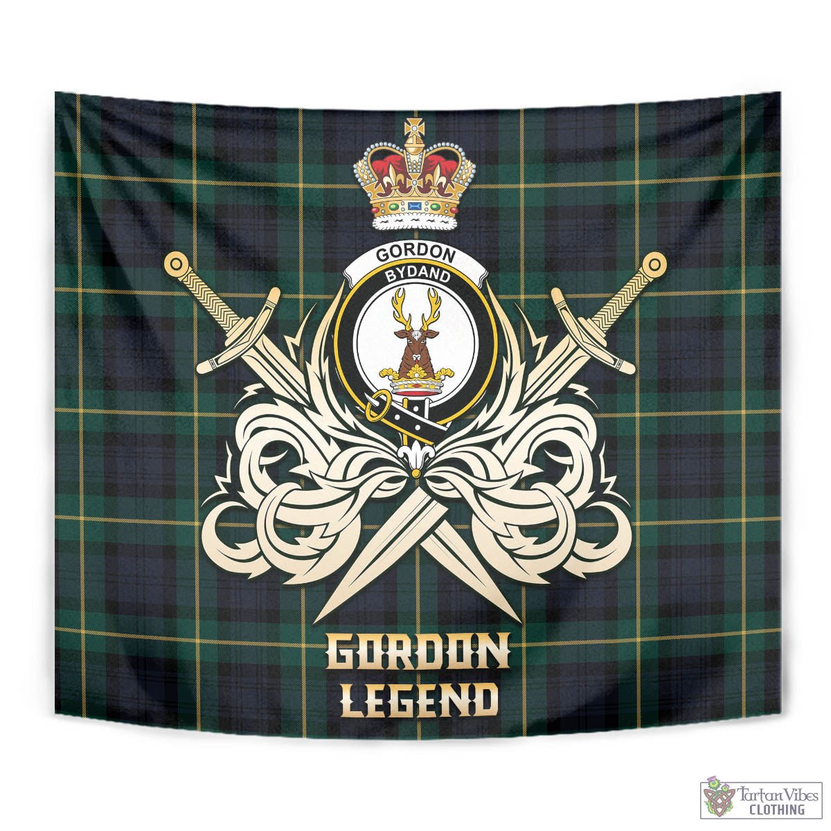 Tartan Vibes Clothing Gordon Old Tartan Tapestry with Clan Crest and the Golden Sword of Courageous Legacy