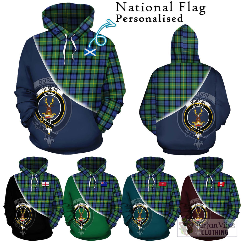 Gordon Old Ancient Tartan Hoodie with Personalised National Flag and Family Crest Half Style Zip Hoodie - Tartanvibesclothing Shop