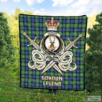 Gordon Old Ancient Tartan Quilt with Clan Crest and the Golden Sword of Courageous Legacy