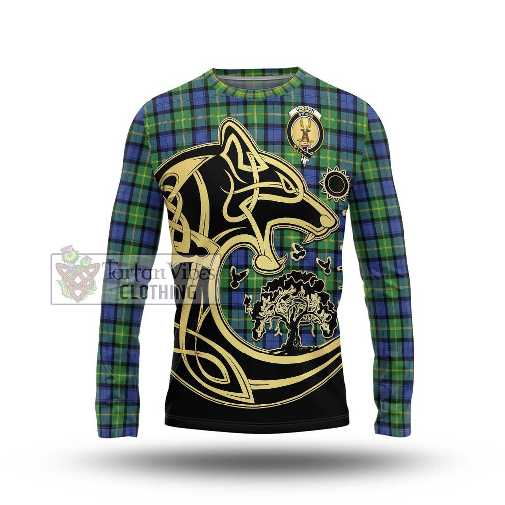 Gordon Old Ancient Tartan Long Sleeve T-Shirt with Family Crest Celtic Wolf Style Unisex - Tartan Vibes Clothing