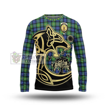 Gordon Old Ancient Tartan Long Sleeve T-Shirt with Family Crest Celtic Wolf Style