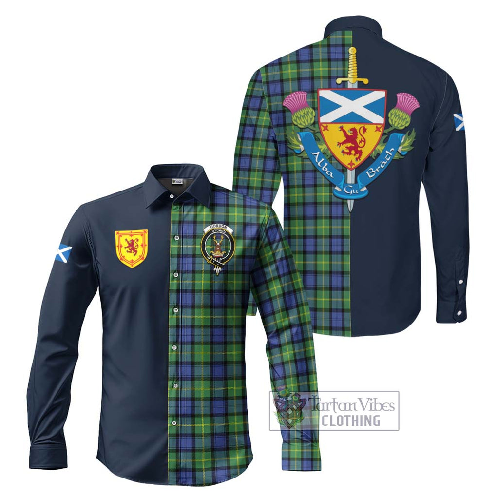 Tartan Vibes Clothing Gordon Old Ancient Tartan Long Sleeve Button Shirt with Scottish Lion Royal Arm Half Style