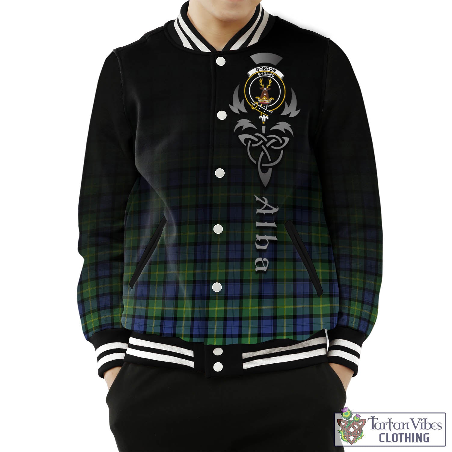 Tartan Vibes Clothing Gordon Old Ancient Tartan Baseball Jacket Featuring Alba Gu Brath Family Crest Celtic Inspired