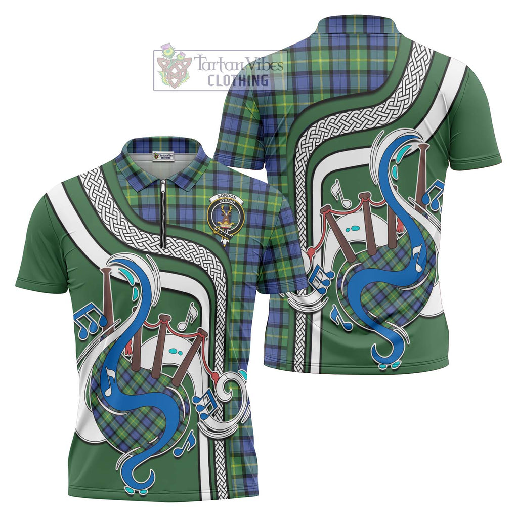 Gordon Old Ancient Tartan Zipper Polo Shirt with Epic Bagpipe Style Unisex - Tartanvibesclothing Shop