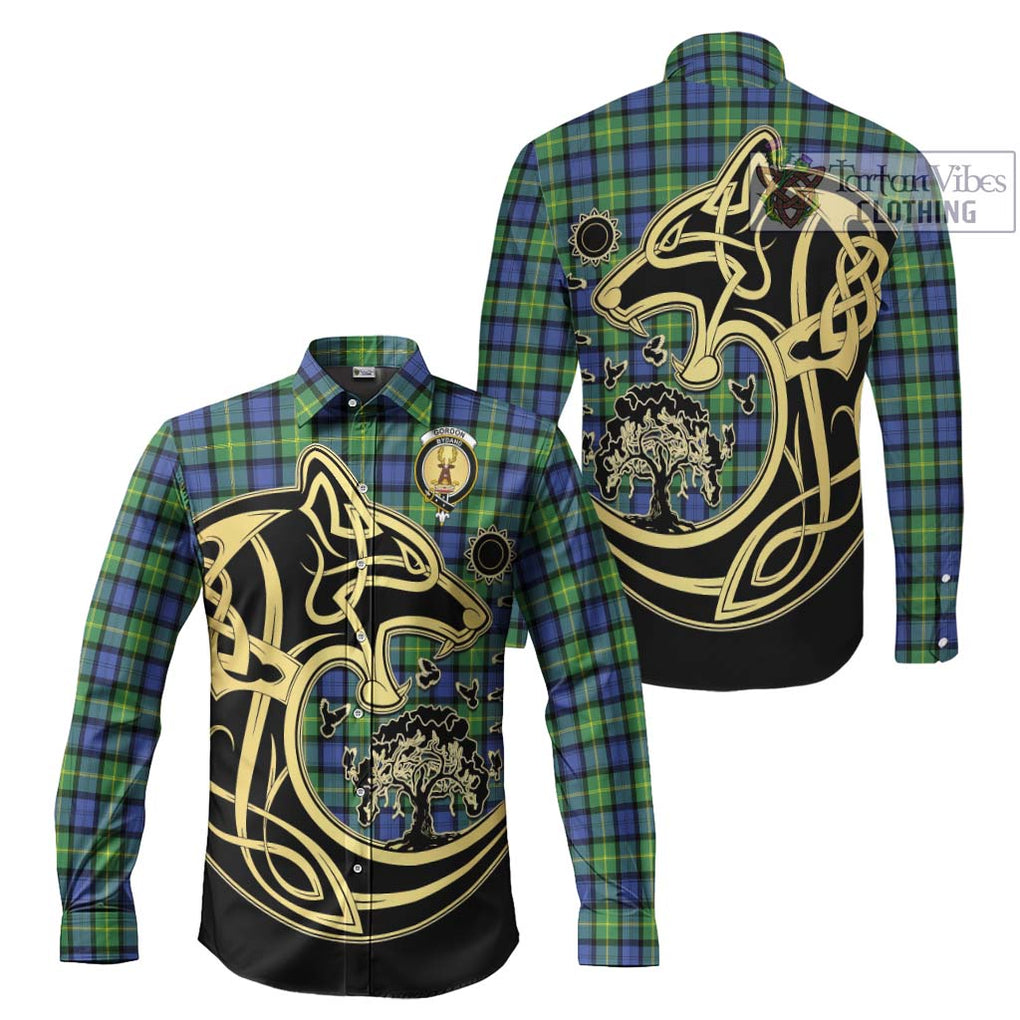 Gordon Old Ancient Tartan Long Sleeve Button Shirt with Family Crest Celtic Wolf Style Men's Shirt S - Tartan Vibes Clothing