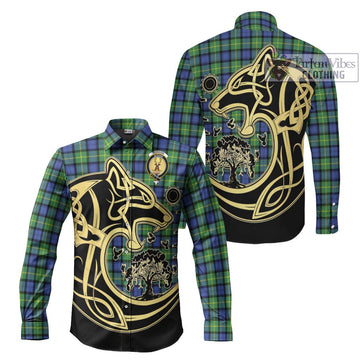 Gordon Old Ancient Tartan Long Sleeve Button Shirt with Family Crest Celtic Wolf Style