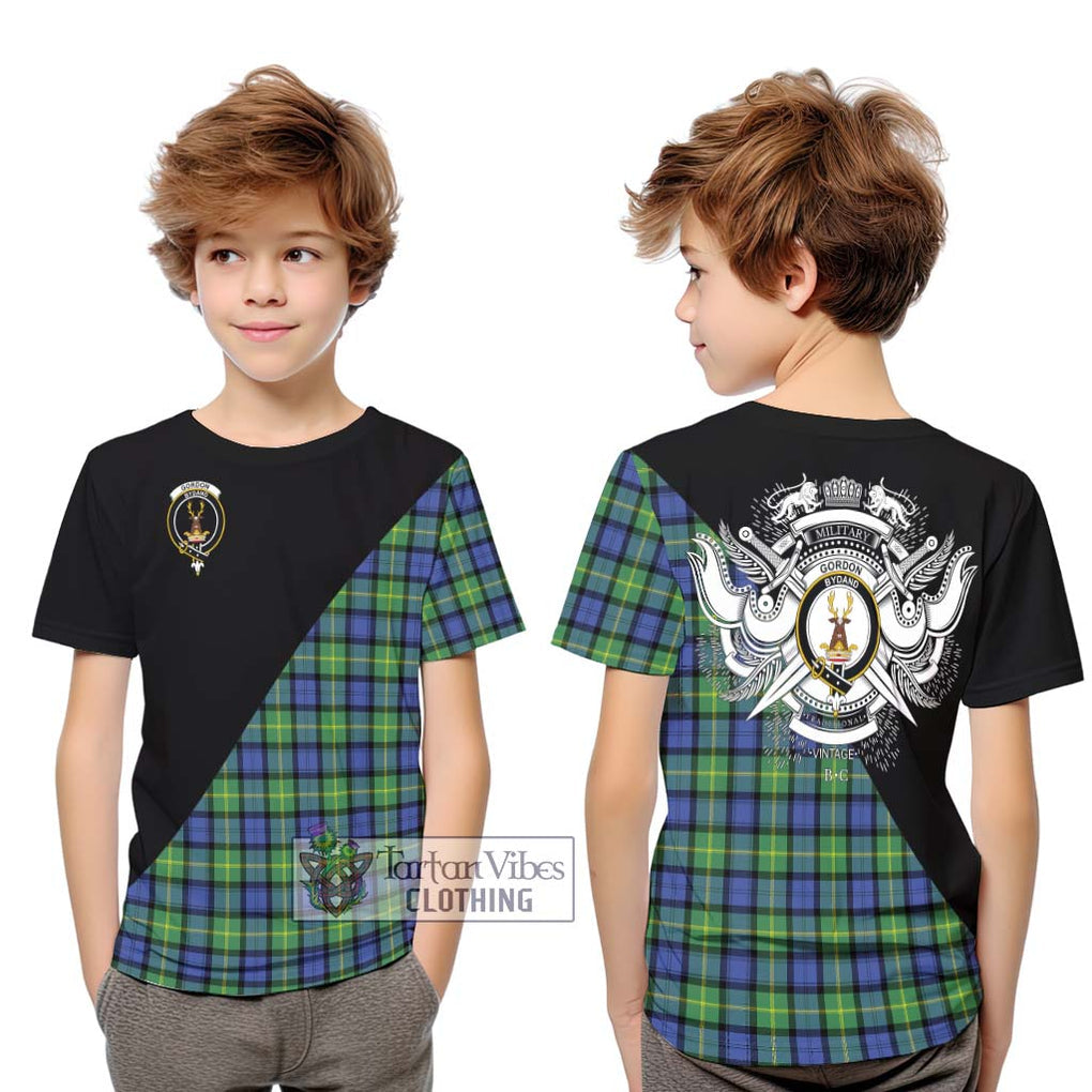 Gordon Old Ancient Tartan Kid T-Shirt with Family Crest and Military Logo Style Youth XL Size14 - Tartanvibesclothing Shop