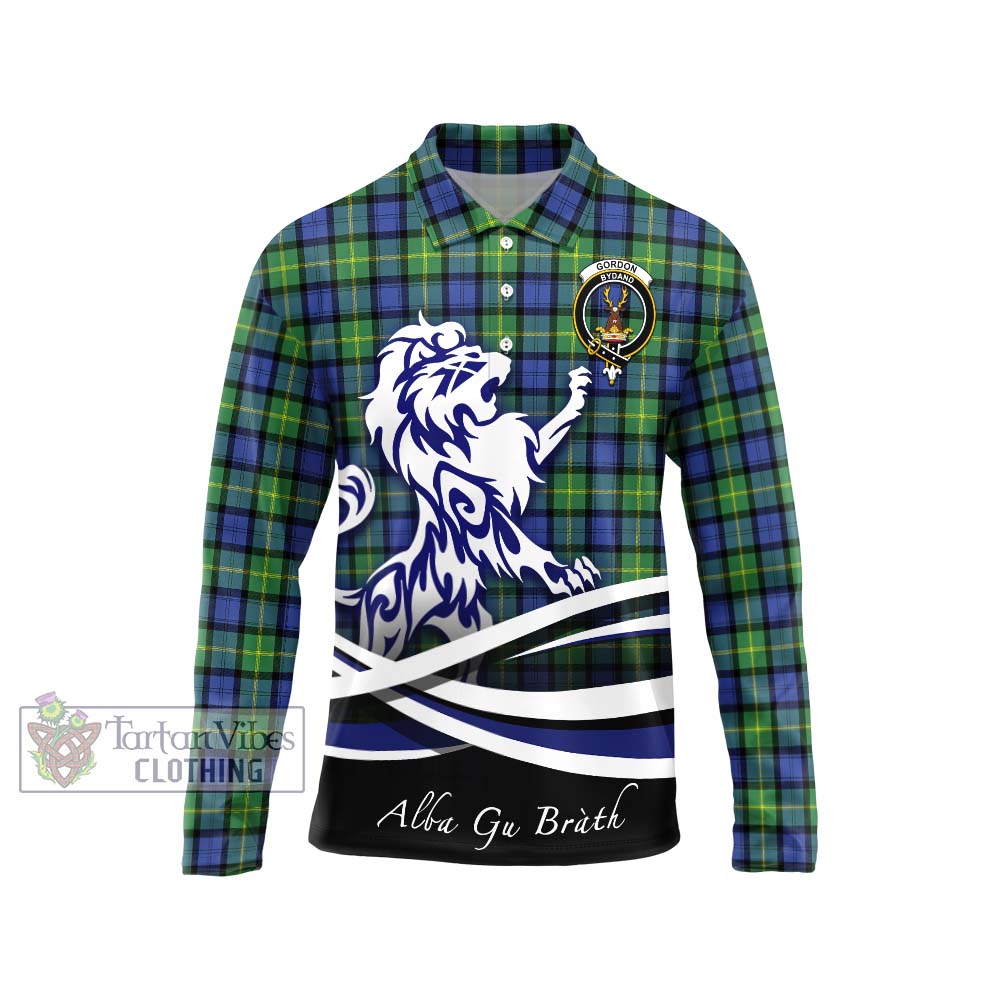 Gordon Old Ancient Tartan Long Sleeve Polo Shirt with Alba Gu Brath Regal Lion Emblem Unisex - Tartanvibesclothing Shop