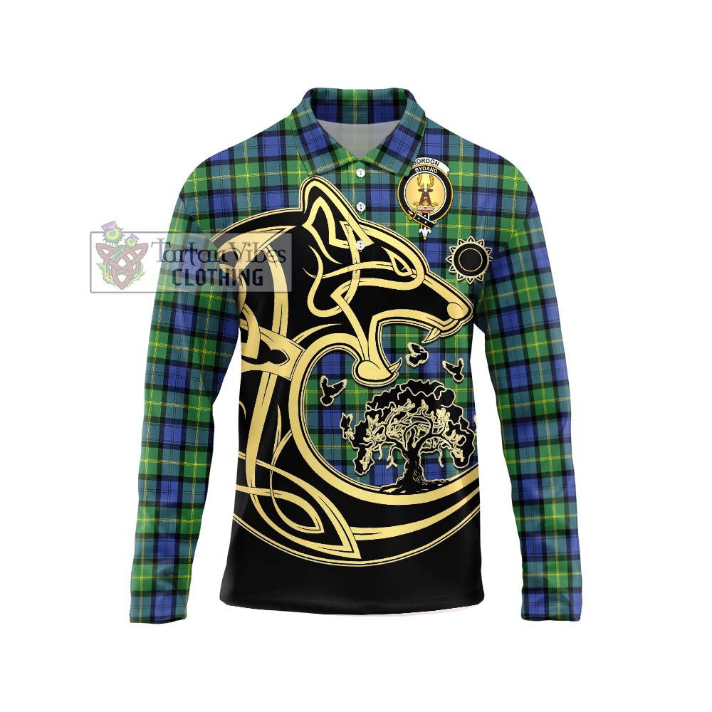 Gordon Old Ancient Tartan Long Sleeve Polo Shirt with Family Crest Celtic Wolf Style Unisex - Tartanvibesclothing Shop