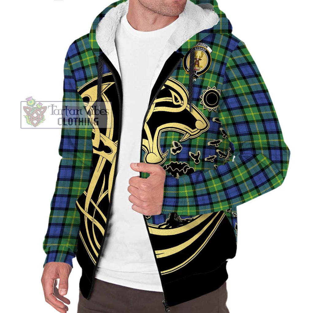 Gordon Old Ancient Tartan Sherpa Hoodie with Family Crest Celtic Wolf Style Unisex S - Tartan Vibes Clothing