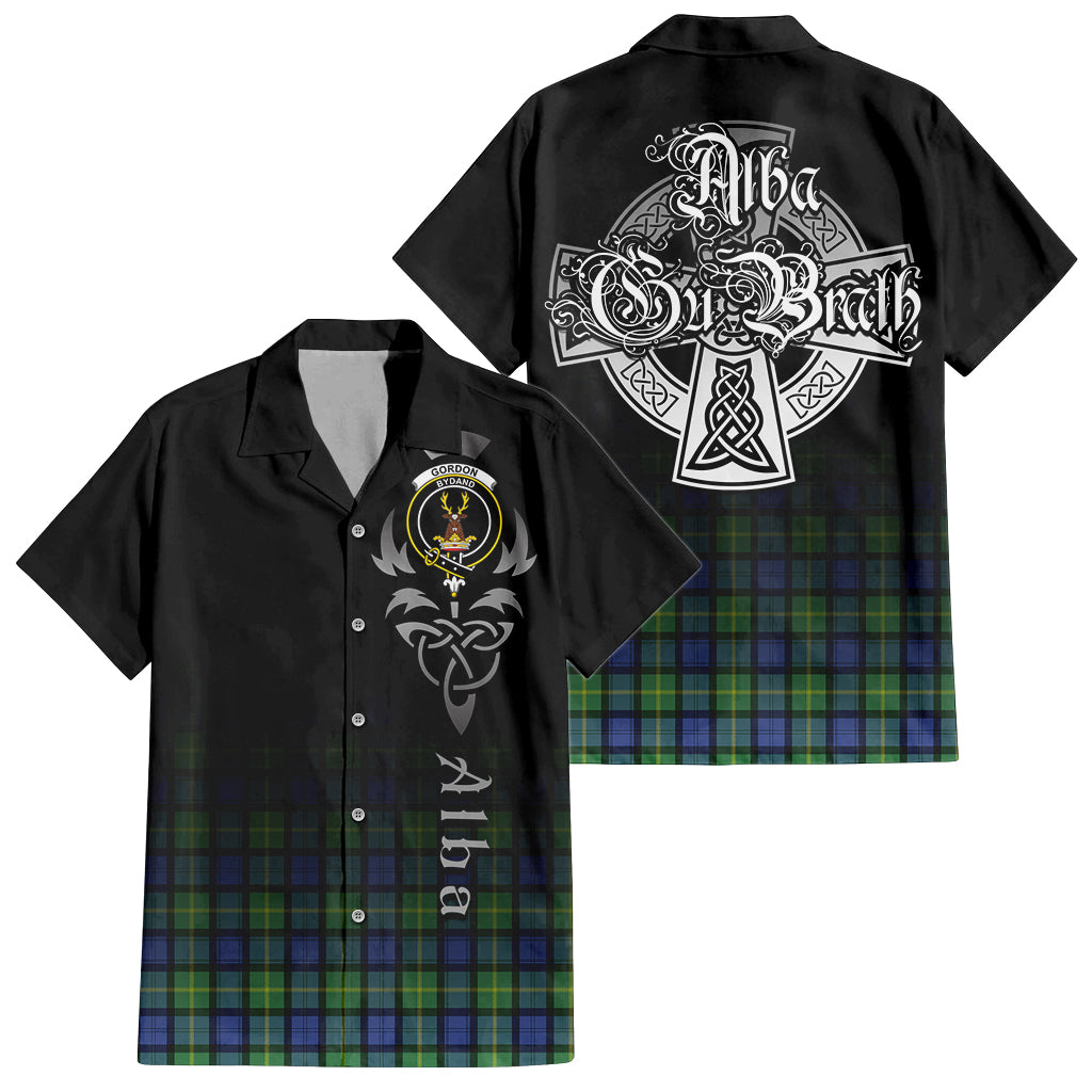 Tartan Vibes Clothing Gordon Old Ancient Tartan Short Sleeve Button Up Featuring Alba Gu Brath Family Crest Celtic Inspired