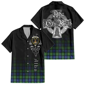 Gordon Old Ancient Tartan Short Sleeve Button Up Shirt Featuring Alba Gu Brath Family Crest Celtic Inspired