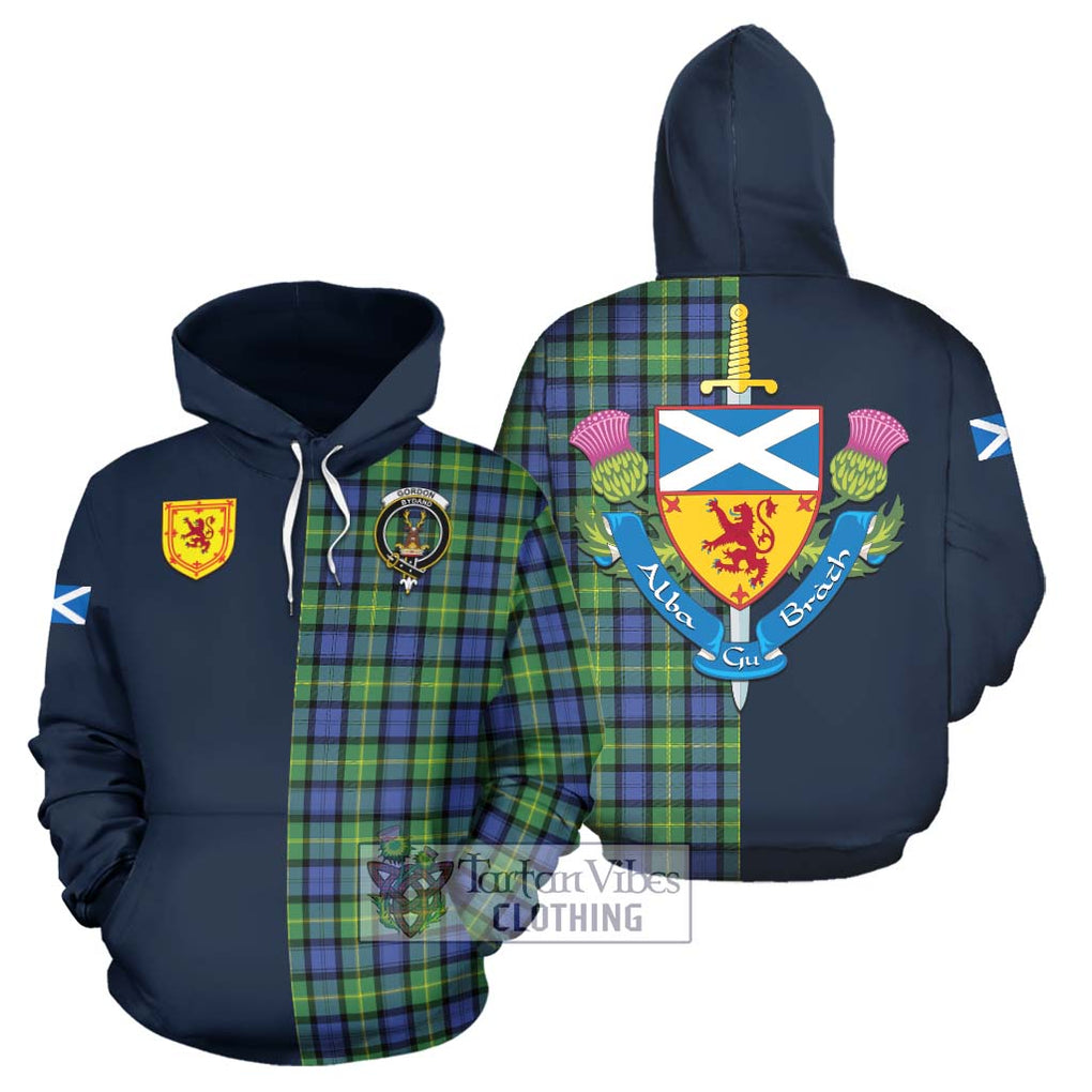 Tartan Vibes Clothing Gordon Old Ancient Tartan Hoodie with Scottish Lion Royal Arm Half Style