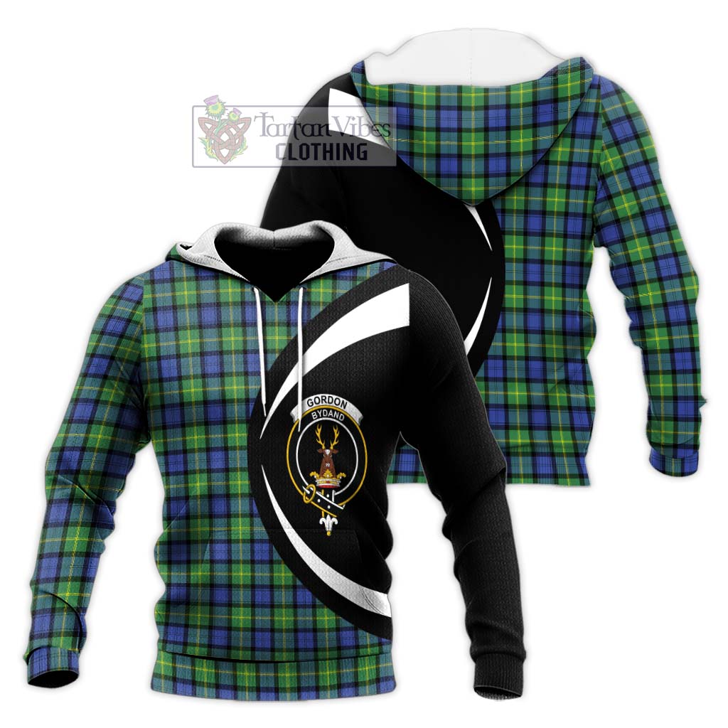 Gordon Old Ancient Tartan Knitted Hoodie with Family Crest Circle Style Unisex Knitted Pullover Hoodie - Tartan Vibes Clothing