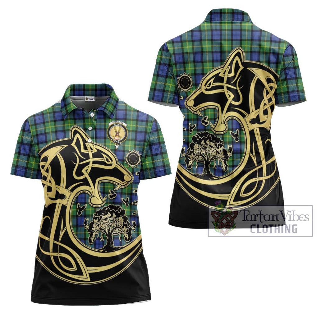 Gordon Old Ancient Tartan Women's Polo Shirt with Family Crest Celtic Wolf Style Women - Tartanvibesclothing Shop