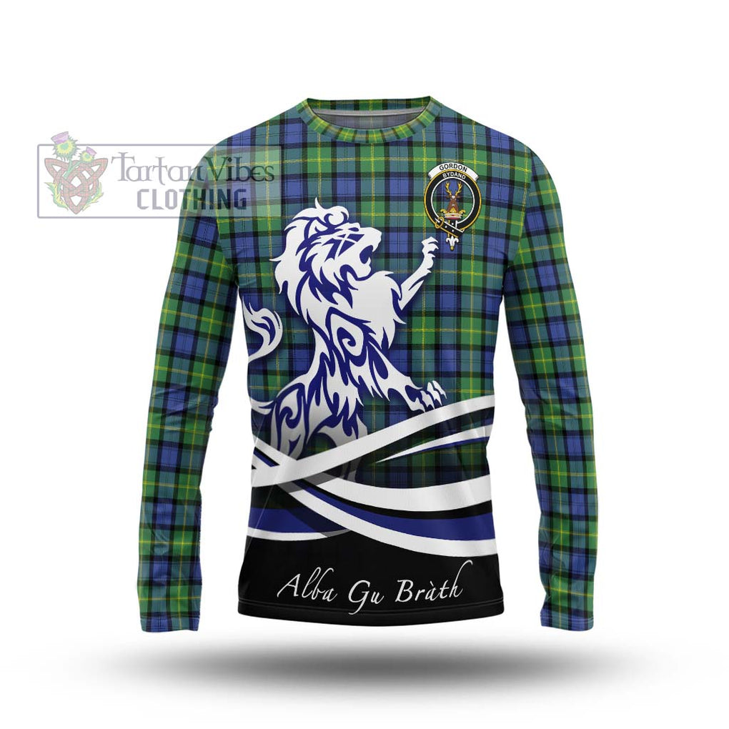 Gordon Old Ancient Tartan Long Sleeve T-Shirt with Alba Gu Brath Regal Lion Emblem Unisex - Tartanvibesclothing Shop