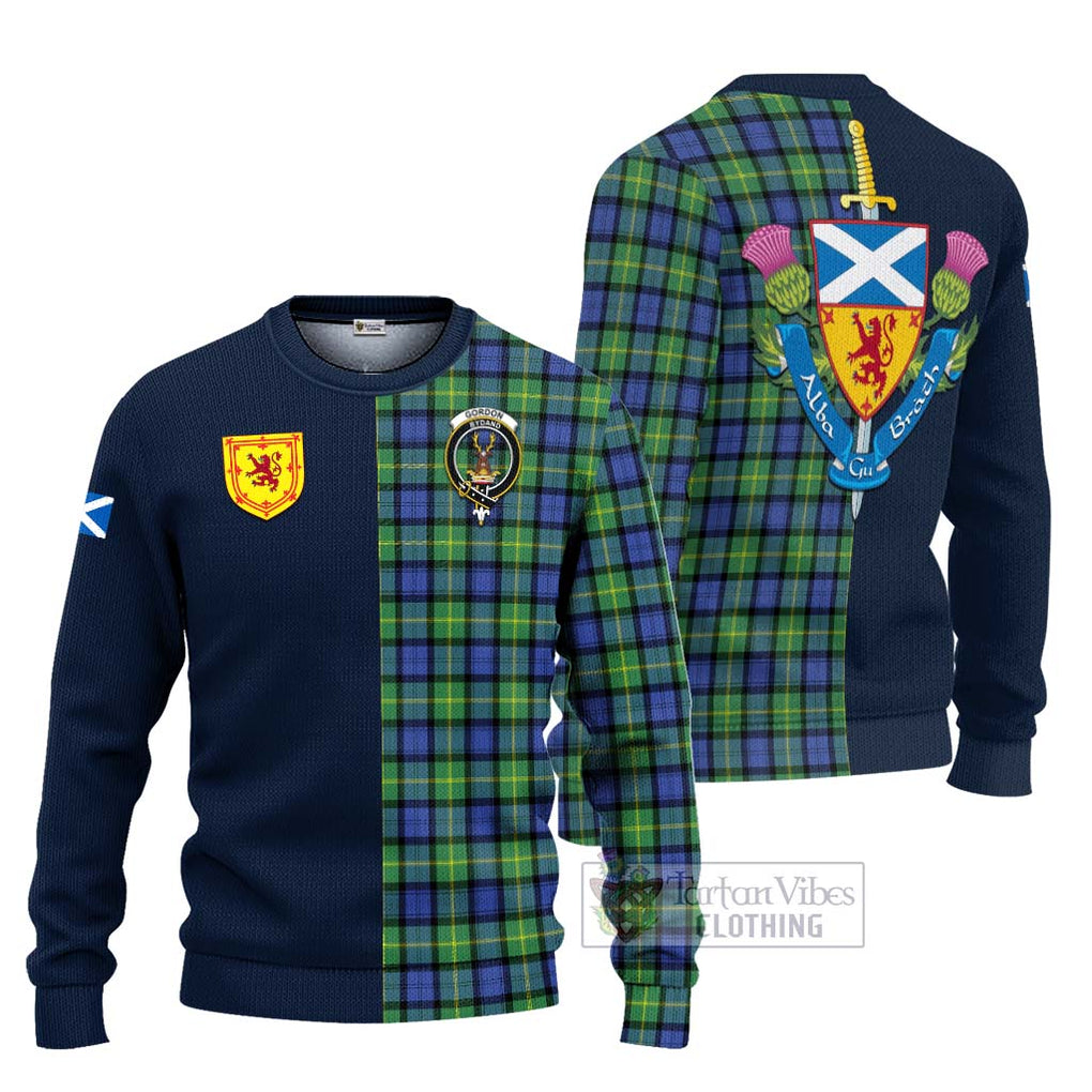 Tartan Vibes Clothing Gordon Old Ancient Tartan Knitted Sweater with Scottish Lion Royal Arm Half Style