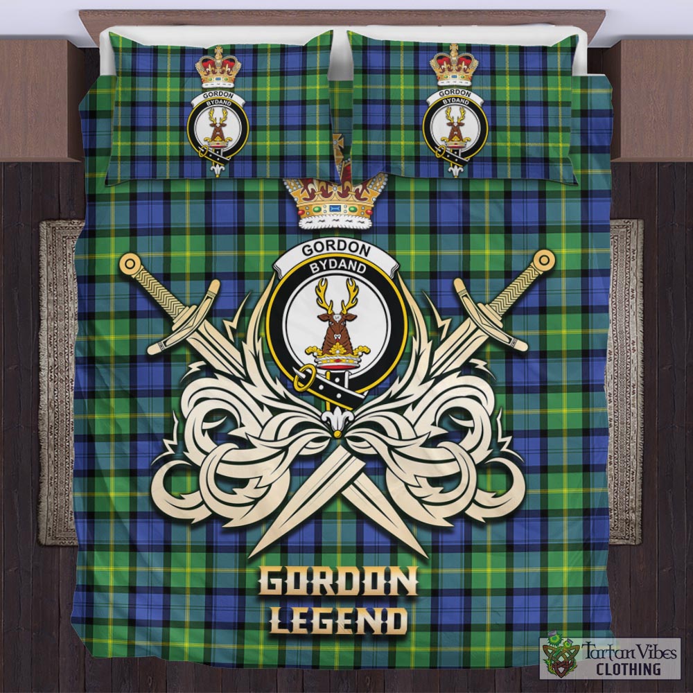 Tartan Vibes Clothing Gordon Old Ancient Tartan Bedding Set with Clan Crest and the Golden Sword of Courageous Legacy