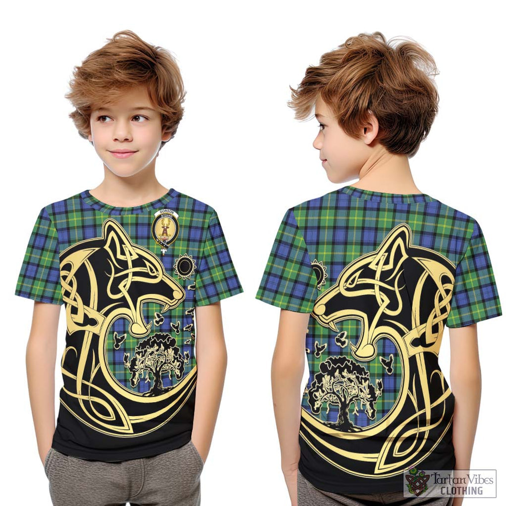 Gordon Old Ancient Tartan Kid T-Shirt with Family Crest Celtic Wolf Style Youth XL Size14 - Tartan Vibes Clothing