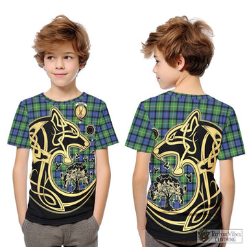 Gordon Old Ancient Tartan Kid T-Shirt with Family Crest Celtic Wolf Style