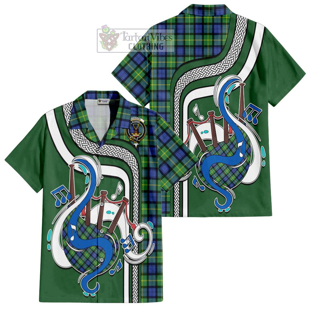 Gordon Old Ancient Tartan Short Sleeve Button Shirt with Epic Bagpipe Style Kid - Tartanvibesclothing Shop