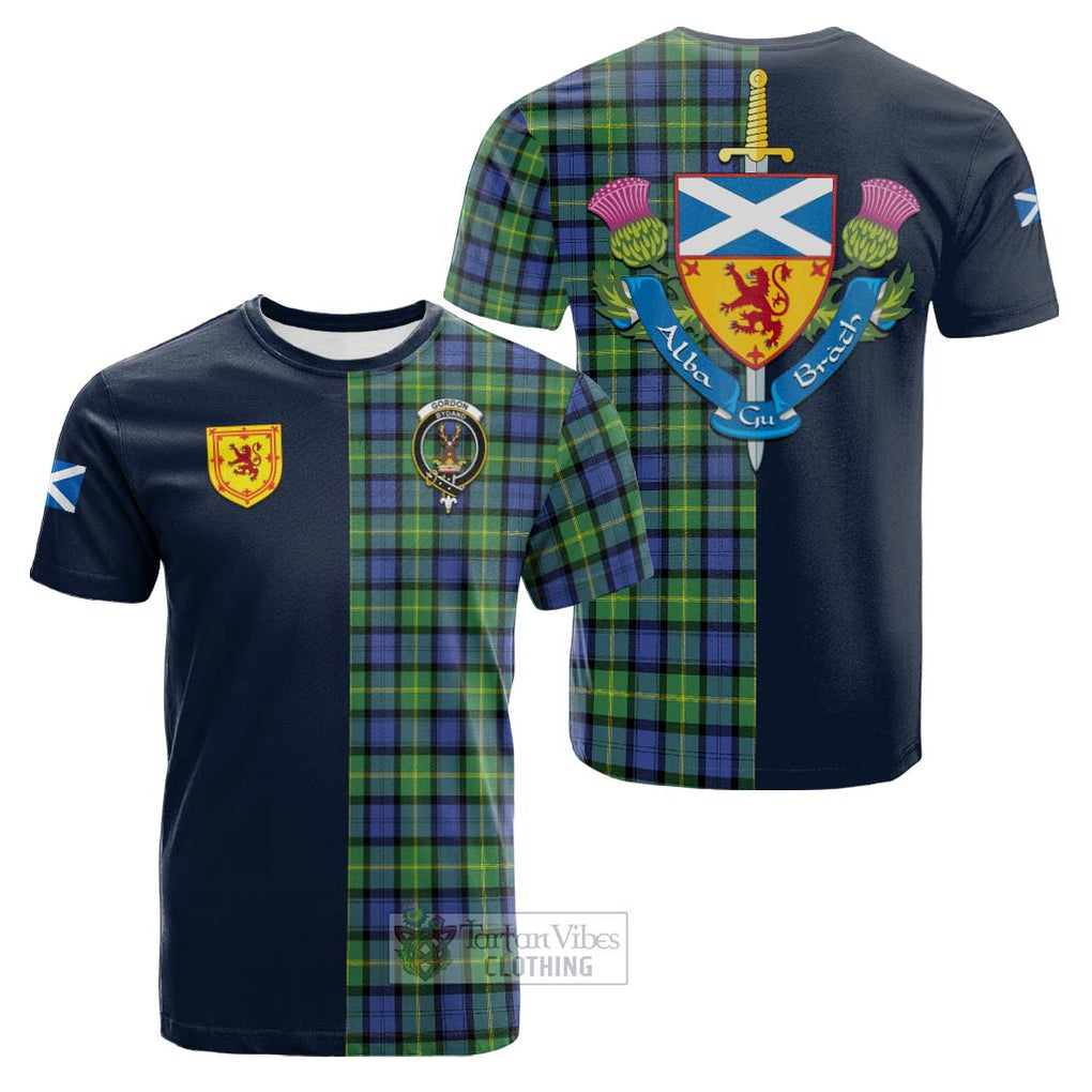 Tartan Vibes Clothing Gordon Old Ancient Tartan Cotton T-shirt with Scottish Lion Royal Arm Half Style