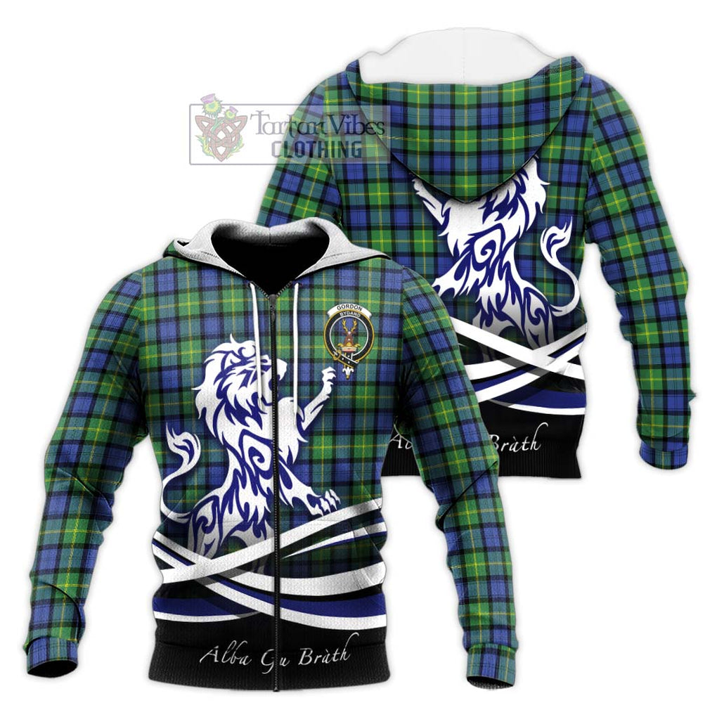 Gordon Old Ancient Tartan Knitted Hoodie with Alba Gu Brath Regal Lion Emblem Unisex Knitted Zip Hoodie - Tartanvibesclothing Shop