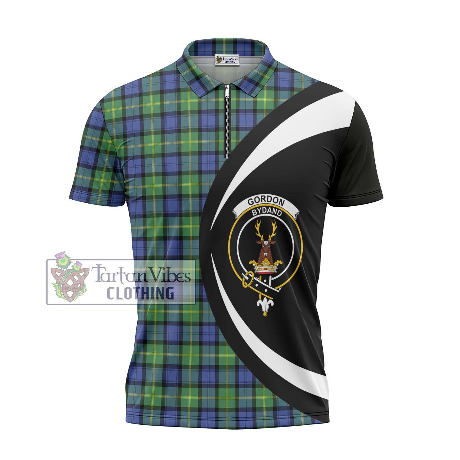 Tartan Vibes Clothing Gordon Old Ancient Tartan Zipper Polo Shirt with Family Crest Circle Style