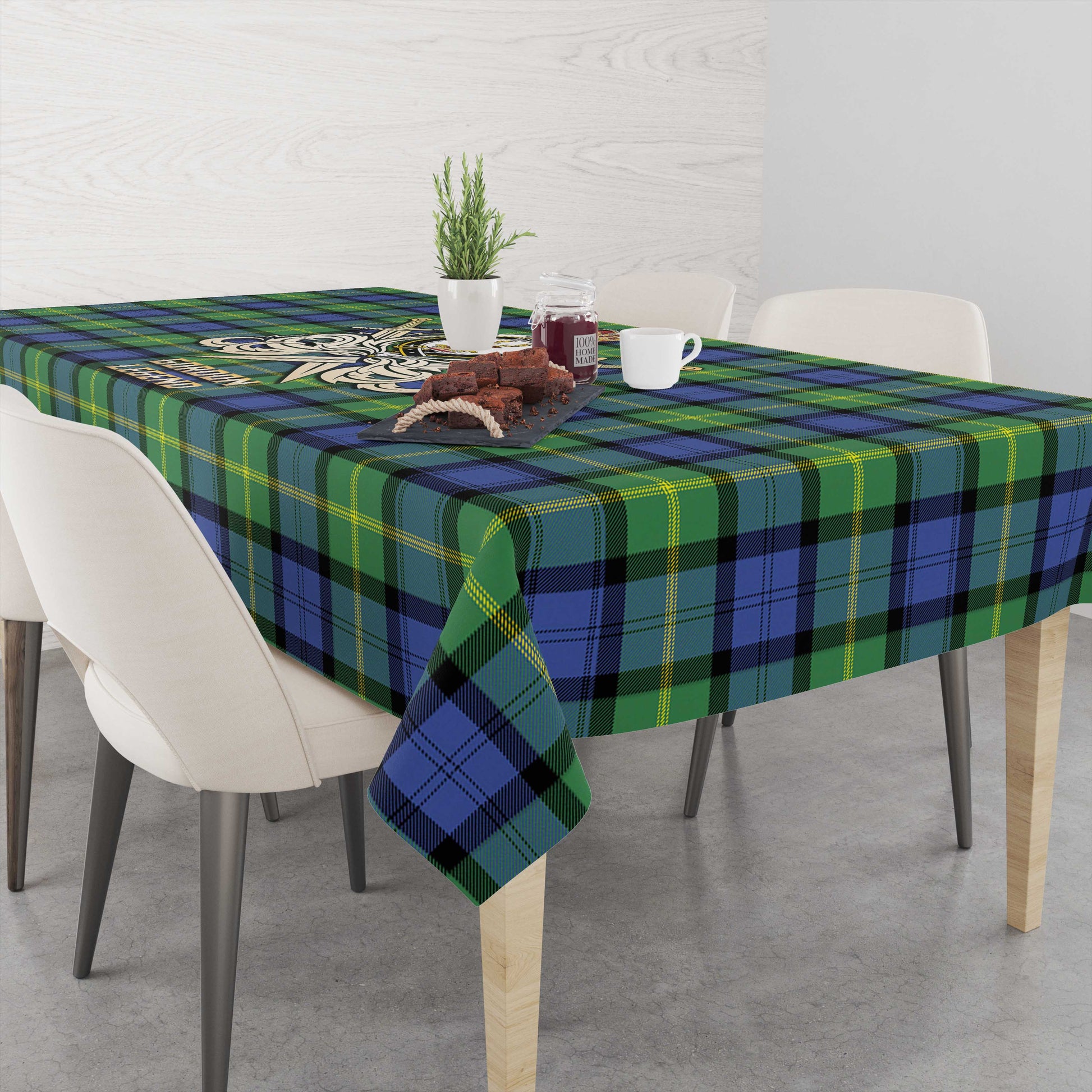 Tartan Vibes Clothing Gordon Old Ancient Tartan Tablecloth with Clan Crest and the Golden Sword of Courageous Legacy