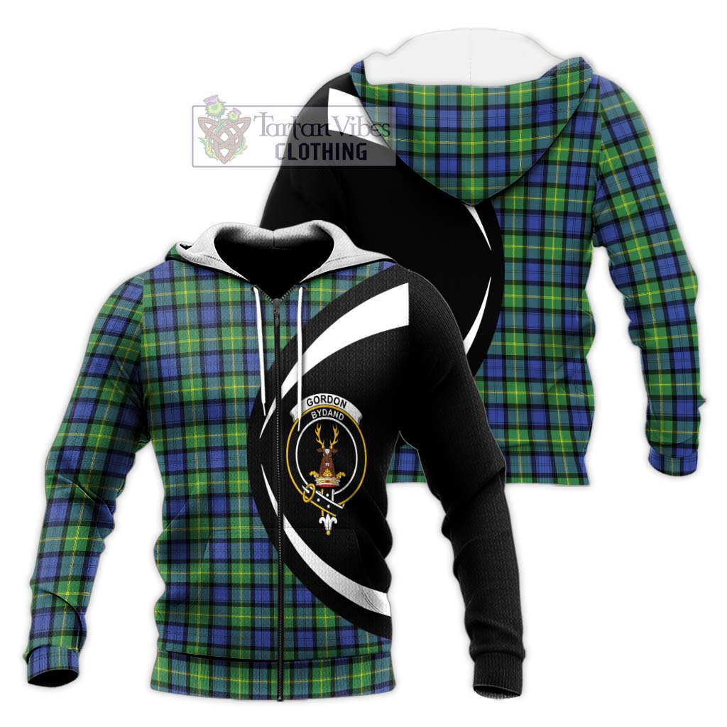 Gordon Old Ancient Tartan Knitted Hoodie with Family Crest Circle Style Unisex Knitted Zip Hoodie - Tartan Vibes Clothing