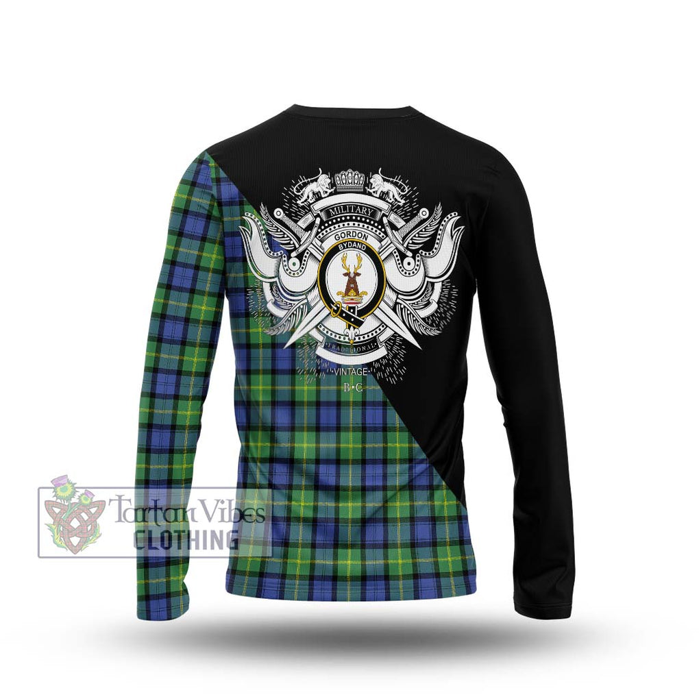 Gordon Old Ancient Tartan Long Sleeve T-Shirt with Family Crest and Military Logo Style - Tartanvibesclothing Shop