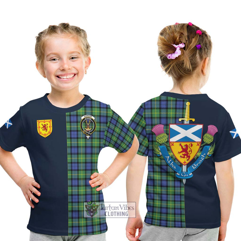 Tartan Vibes Clothing Gordon Old Ancient Tartan Kid T-Shirt with Scottish Lion Royal Arm Half Style