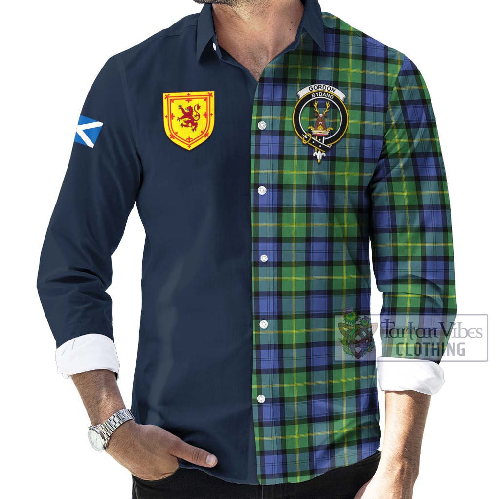 Tartan Vibes Clothing Gordon Old Ancient Tartan Long Sleeve Button Shirt with Scottish Lion Royal Arm Half Style