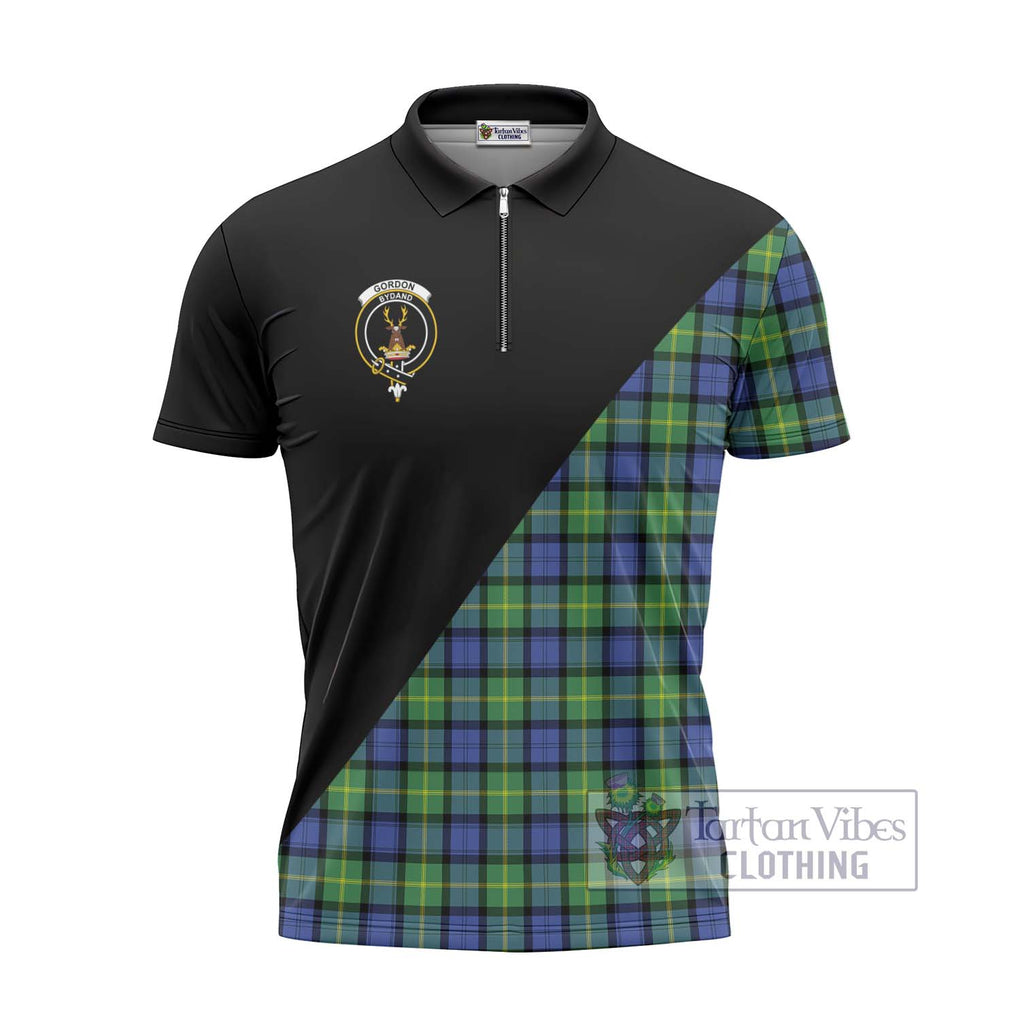 Gordon Old Ancient Tartan Zipper Polo Shirt with Family Crest and Military Logo Style - Tartanvibesclothing Shop