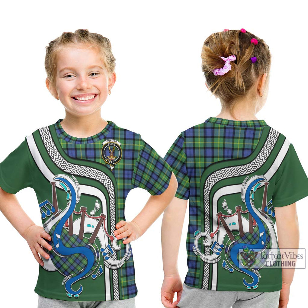 Tartan Vibes Clothing Gordon Old Ancient Tartan Kid T-Shirt with Epic Bagpipe Style