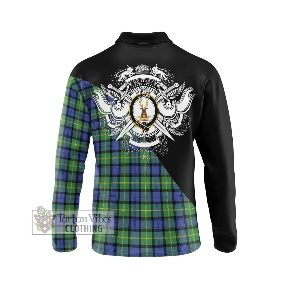 Gordon Old Ancient Tartan Long Sleeve Polo Shirt with Family Crest and Military Logo Style - Tartanvibesclothing Shop