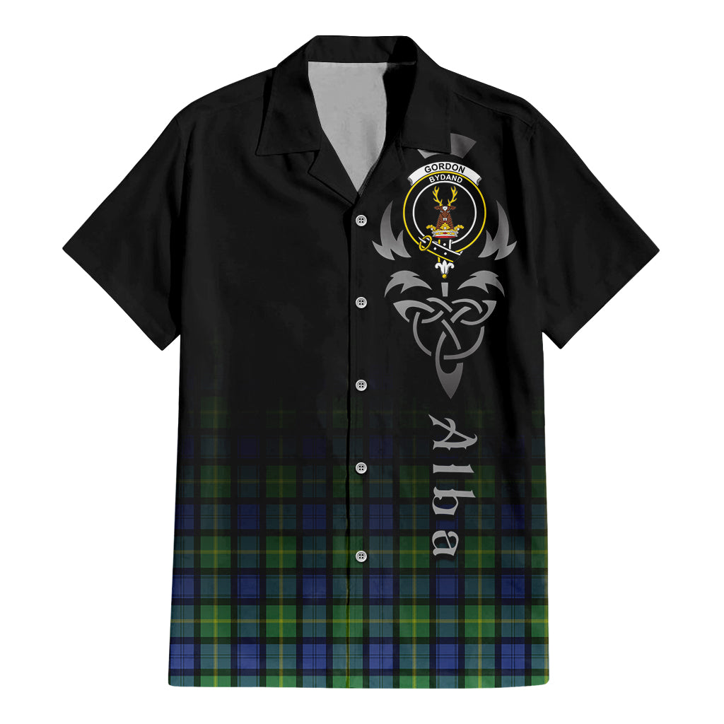 Tartan Vibes Clothing Gordon Old Ancient Tartan Short Sleeve Button Up Featuring Alba Gu Brath Family Crest Celtic Inspired