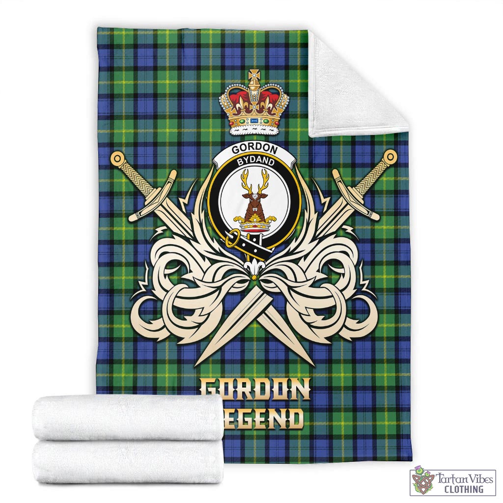 Tartan Vibes Clothing Gordon Old Ancient Tartan Blanket with Clan Crest and the Golden Sword of Courageous Legacy