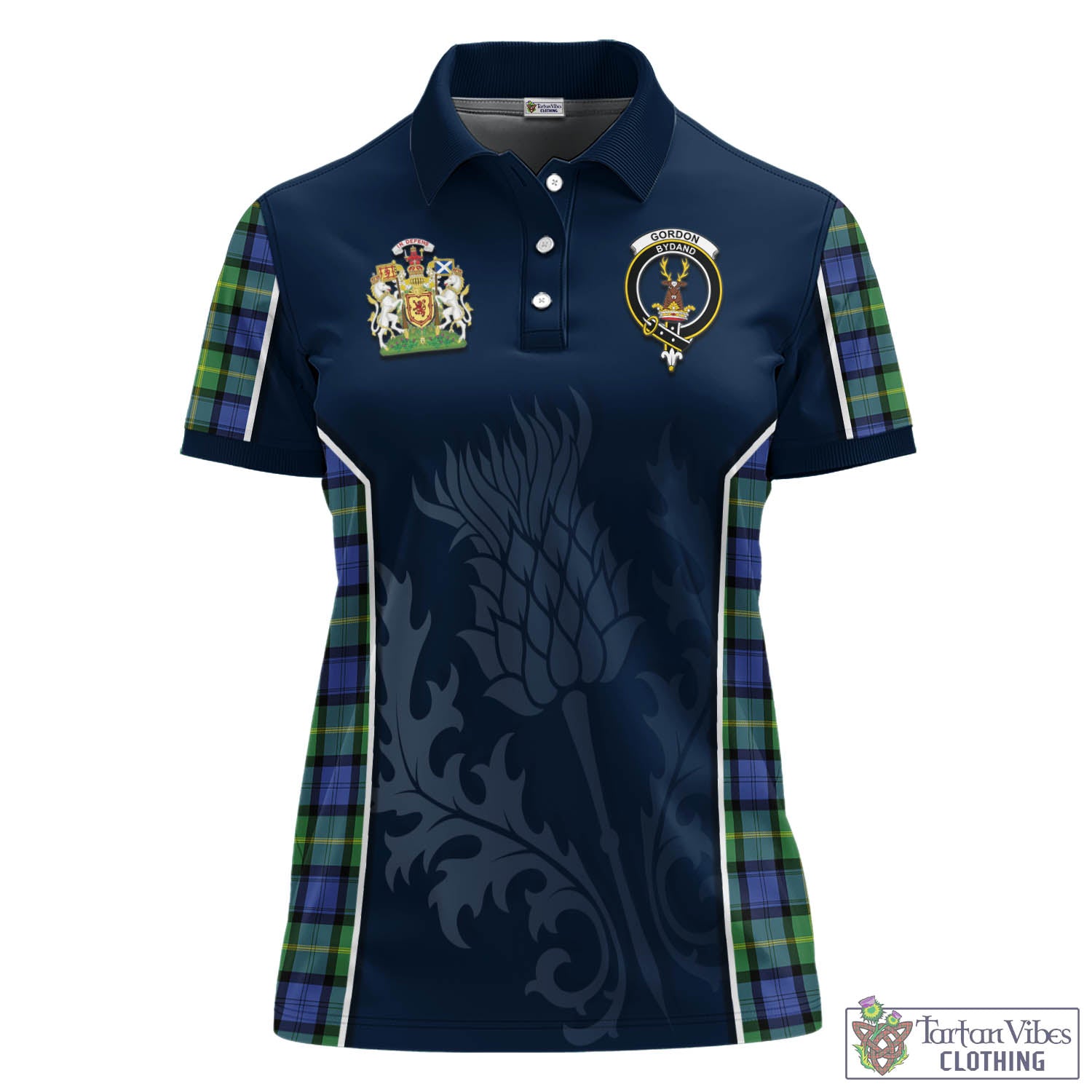 Tartan Vibes Clothing Gordon Old Ancient Tartan Women's Polo Shirt with Family Crest and Scottish Thistle Vibes Sport Style