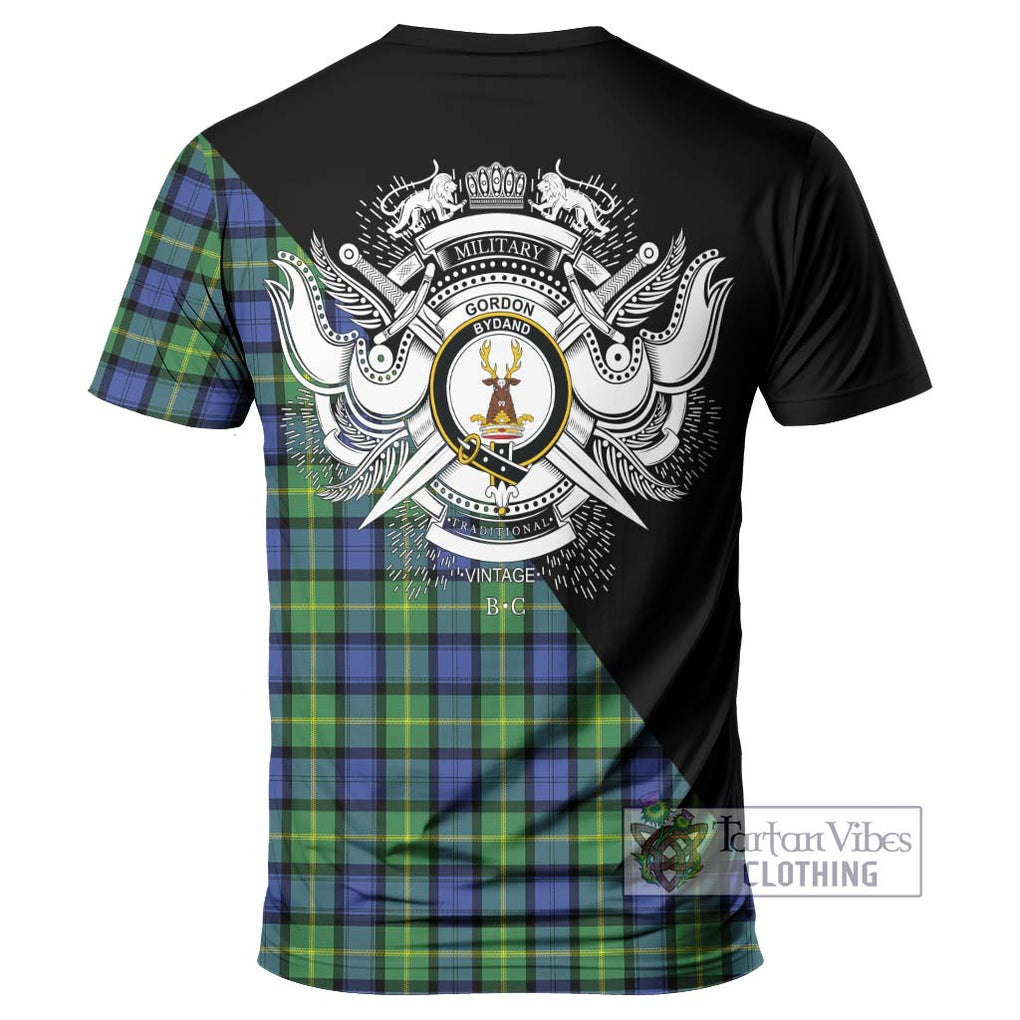 Gordon Old Ancient Tartan T-Shirt with Family Crest and Military Logo Style - Tartanvibesclothing Shop