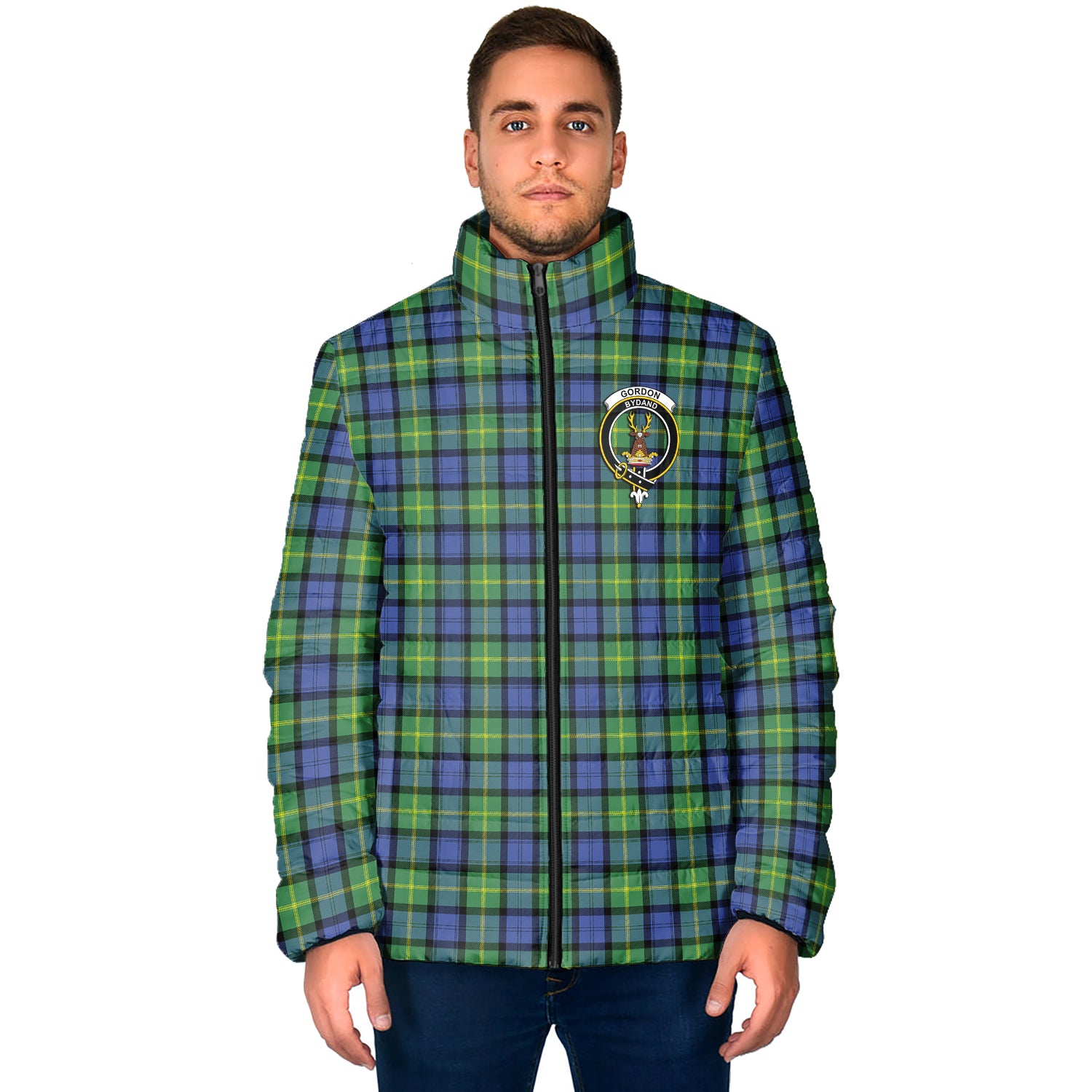 Gordon Old Ancient Tartan Padded Jacket with Family Crest - Tartan Vibes Clothing