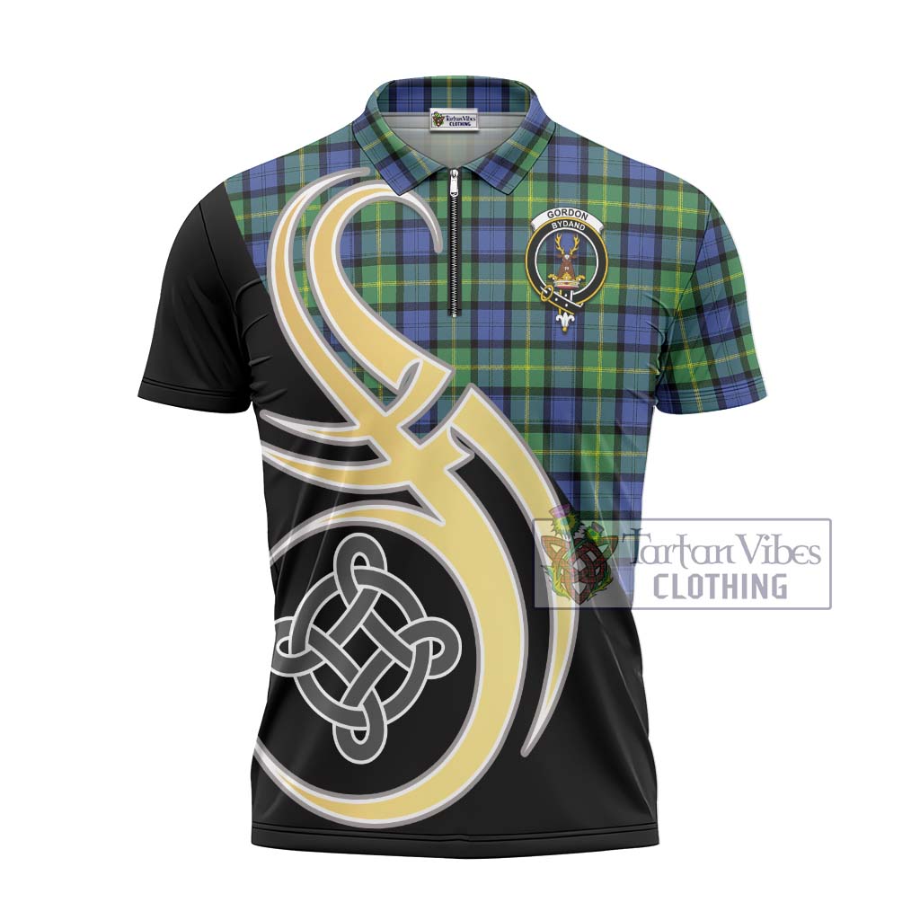 Tartan Vibes Clothing Gordon Old Ancient Tartan Zipper Polo Shirt with Family Crest and Celtic Symbol Style