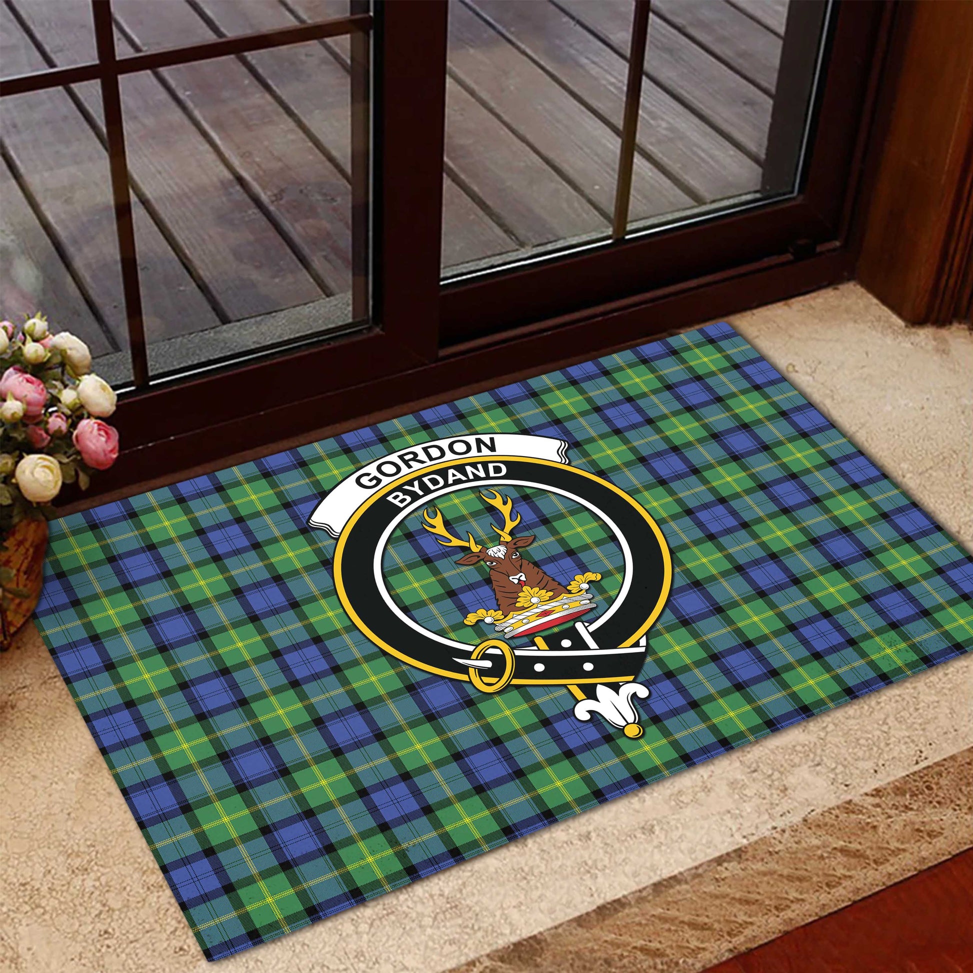 Gordon Old Ancient Tartan Door Mat with Family Crest - Tartanvibesclothing