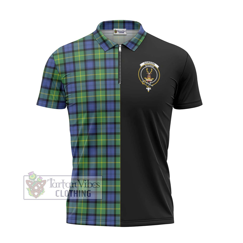 Gordon Old Ancient Tartan Zipper Polo Shirt with Family Crest and Half Of Me Style - Tartanvibesclothing Shop