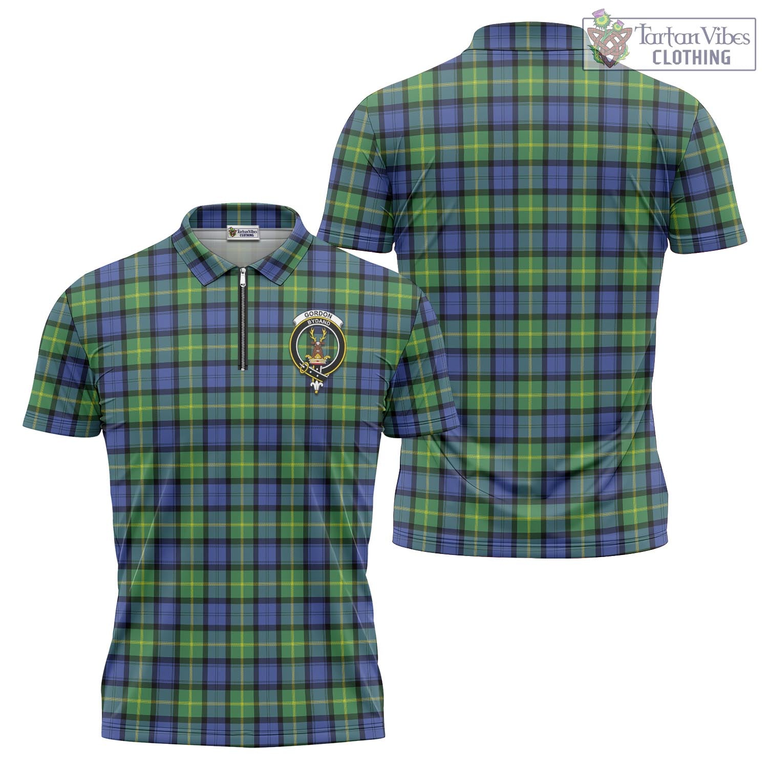 Tartan Vibes Clothing Gordon Old Ancient Tartan Zipper Polo Shirt with Family Crest