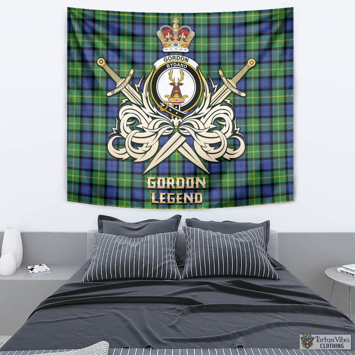 Tartan Vibes Clothing Gordon Old Ancient Tartan Tapestry with Clan Crest and the Golden Sword of Courageous Legacy