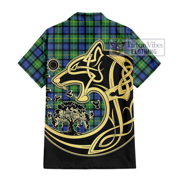 Gordon Old Ancient Tartan Short Sleeve Button Shirt with Family Crest Celtic Wolf Style